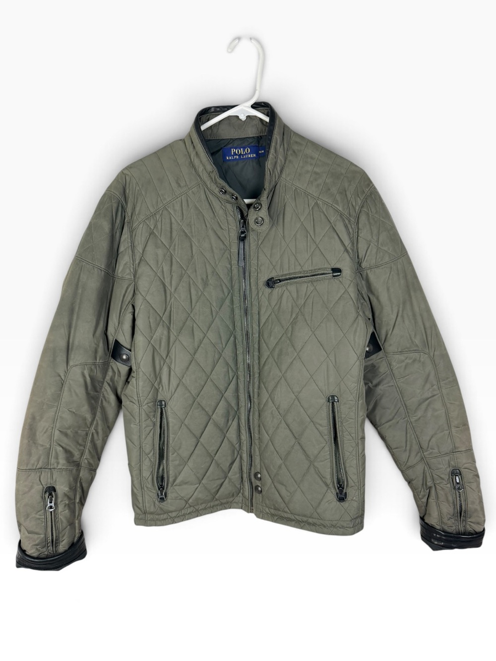 Polo Ralph Lauren Men’s M Olive Quilted Moto Jacket Leather Trim